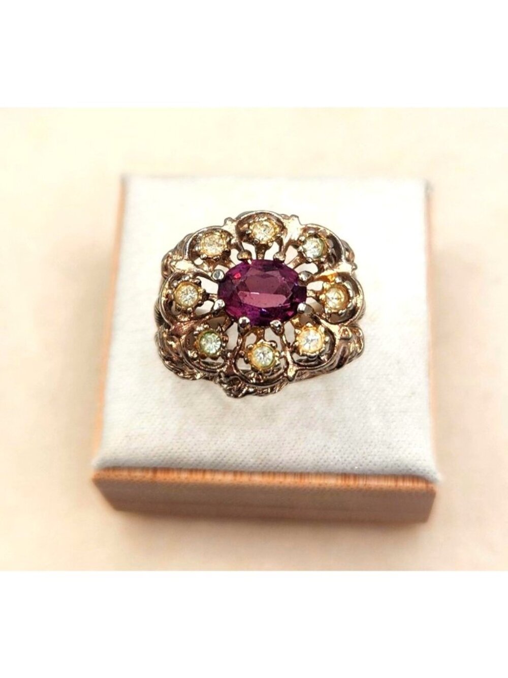 Vintage Floral Design Gold Tone  Ring With Garnet & Diamond Accents